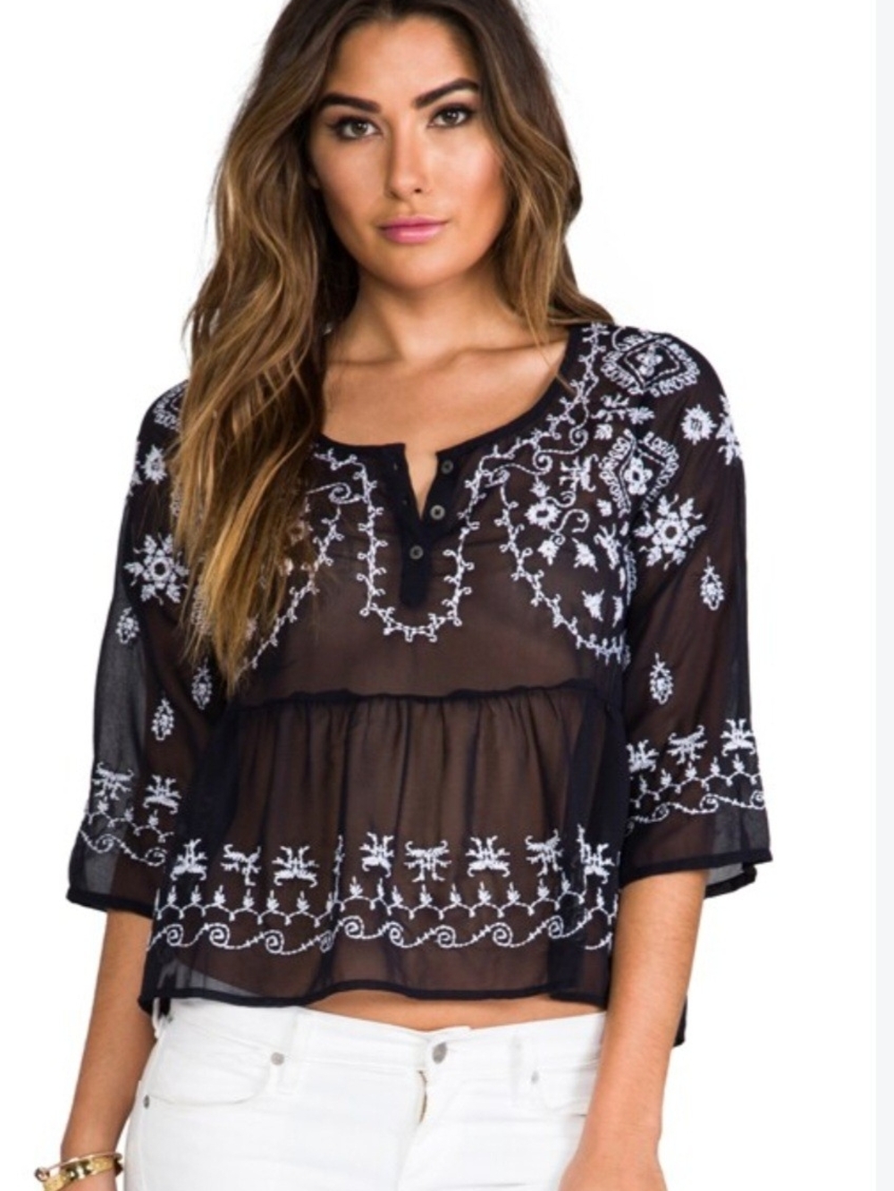 Free People Black Sheer Embroidered Peasant Top
